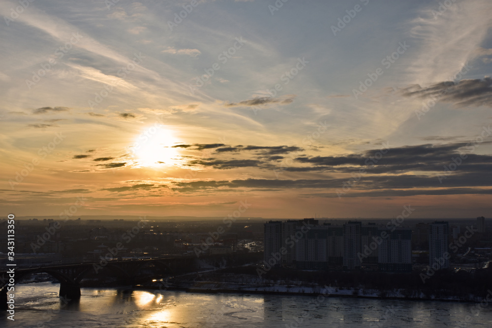sunset over the bridge over the Oka river. Nizhny Novgorod. Russia