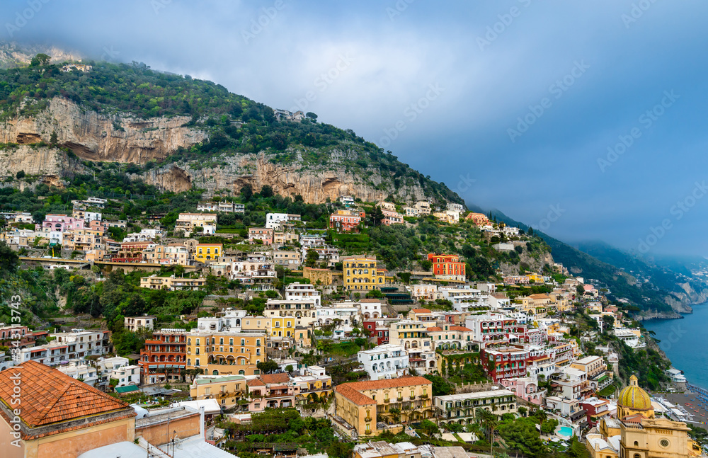 Panoramic view  of Positano town at  Amalfi Coast, Italy.