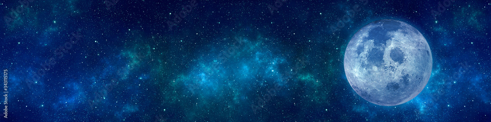 Full moon or supermoon, nebula and stars in night sky web banner. Space