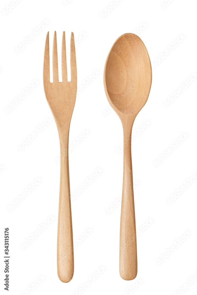 Wooden fork and spoon, isolated on white background. Close up. Wooden fork and spoon, isolated on white background. Close up.
