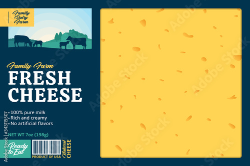 Vector cheese packaging design or modern style label template. Dairy farm or farming design elements. Realistic cheese texture