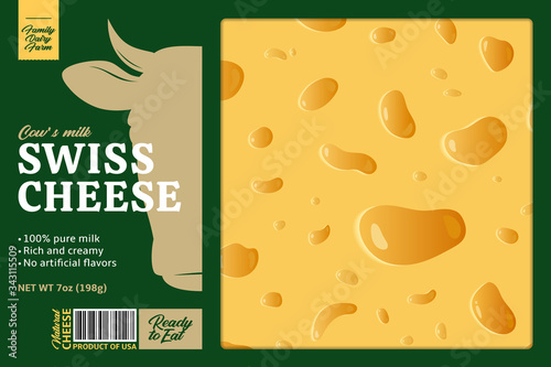 Vector swiss cheese packaging design template. Realistic swiss cheese texture