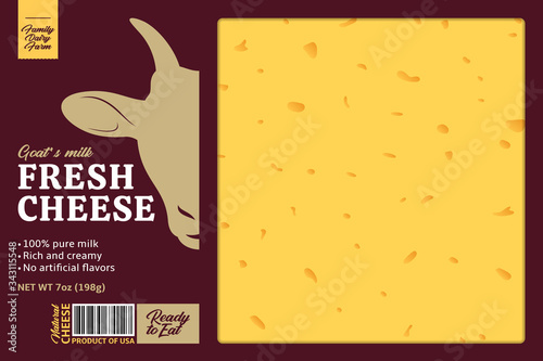 Vector goat's milk cheese packaging design template. Realistic cheese texture