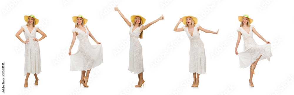 Woman in long summer dress and hat isolated on white Woman in long summer dress and hat isolated on white