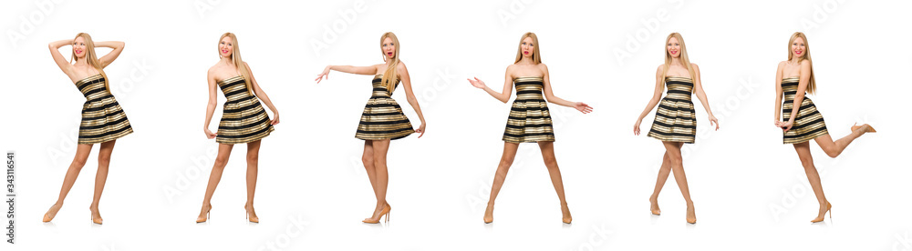 Beautiful girl in gold and black dress isolated on white Beautiful girl in gold and black dress isolated on white