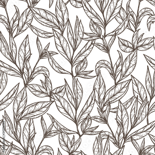 Hand drawn engraving style Green tea leaves Seamless pattern. Black and white Vector illustration
