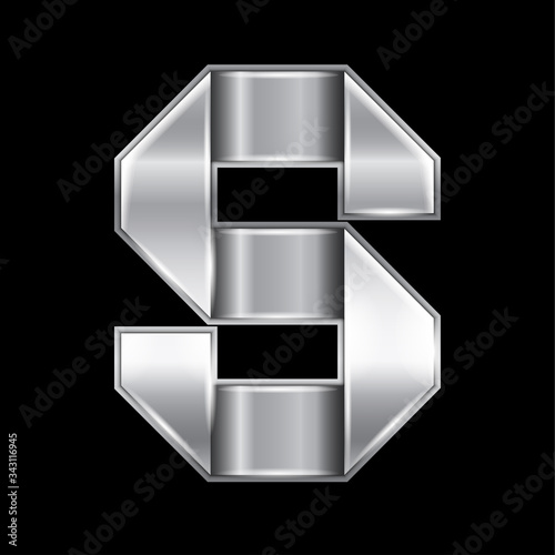 New font folded from a silver metallic ribbon. Trendy roman alphabet, gray vector letter S on a black background, 10eps