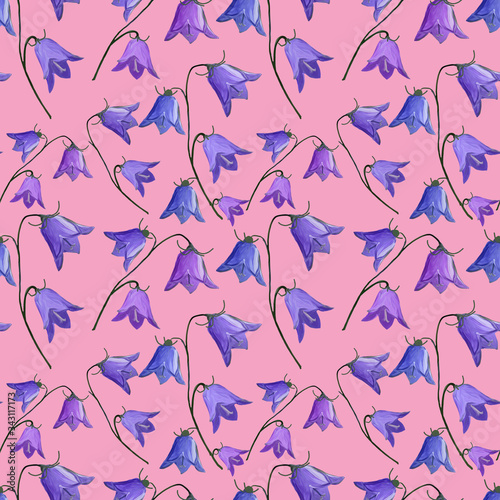 seamless pattern with bellflowers campanula flowers. floral pink background, hand drawing in gouache. Spring,summer holidays presents and gifts wrapping paper For textiles,packaging,fabric,wallpaper