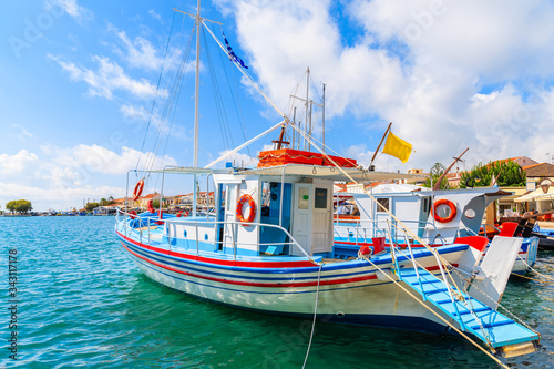 Typical colourful fishing boat in Pythagorion port, Samos island, Greece