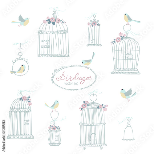 Vintage set for decorative bird cages. Decorated with flowers. Sitting and flying birds. Vector illustration in free hand drawn style in pastel colors.