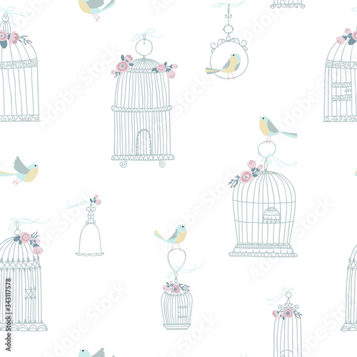 Vintage seamless pattern for decorative bird cages. Decorated with flowers. Sitting and flying birds. Vector illustration in free hand drawn style in pastel colors.