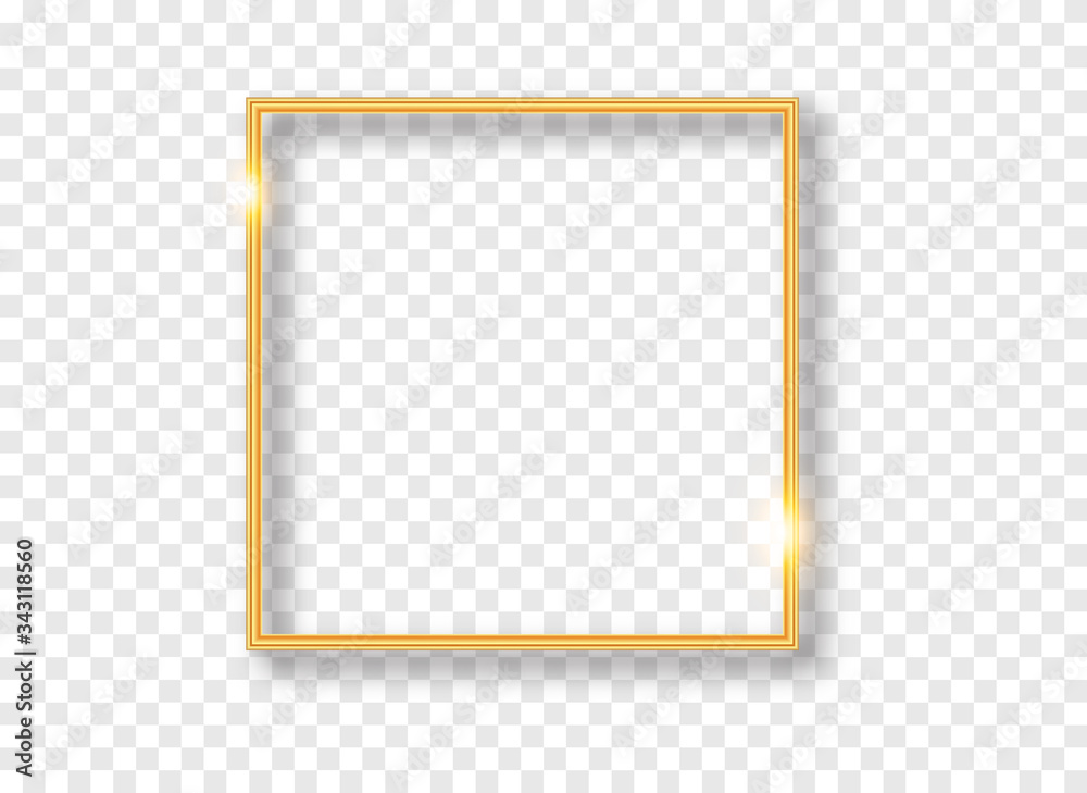 Gold shiny glowing frame with shadows isolated on transparent background. luxury realistic square border. Vector illustration. Gold shiny glowing frame with shadows isolated on transparent background. luxury realistic square border. Vector illustration.