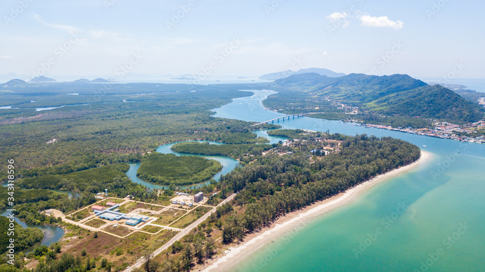 An aerial view of  Lanta noi island and Lanta isaland with the Siri Lanta Bridge,