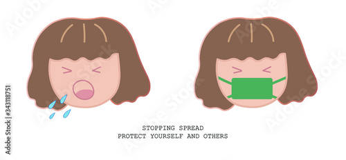 A girl cough with and without mask. Prevention saliva spreading. flat cartoon illustrator. 