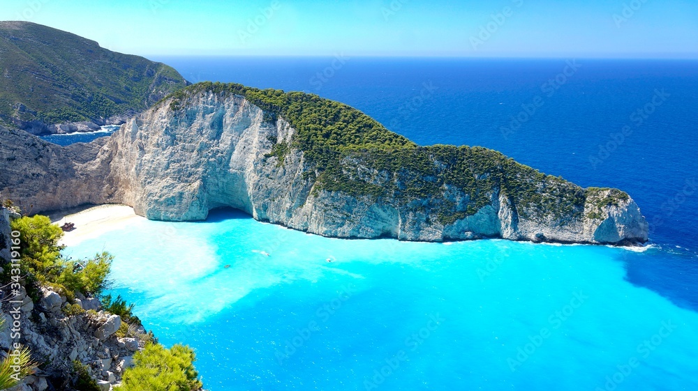View of the coast of Shipwreck beach on Zakynthos island in the mediterranean sea View of the coast of Shipwreck beach on Zakynthos island in the mediterranean sea