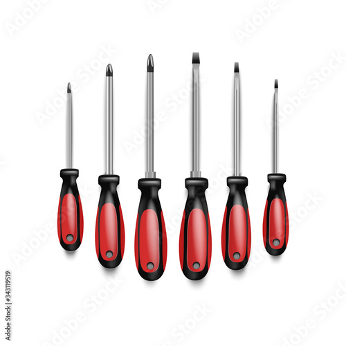 Screwdriver set with rubber black and red handles. different size screwdrivers for removing screws. Tool for drivers, builders and craftsmen isolated on white background. 
