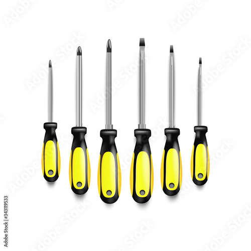 Screwdriver set with rubber black and yellow handles. different size screwdrivers for removing screws. Tool for drivers, builders and craftsmen isolated on white background. 