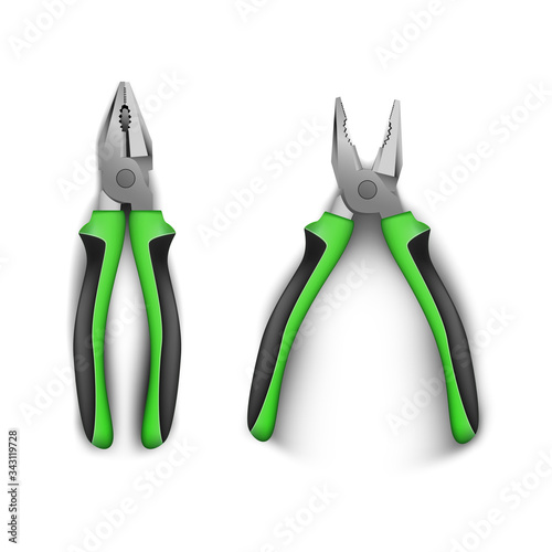 Open and closed two pliers, with rubber black and green handles. realistic vector illustration on a white background. Hand tools for repair, construction and maintenance