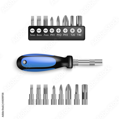 Screwdriver set with accessory is a tool, with rubber black and blue handles. Manual for driving or removing screws, isolated on white background. screwdriver bits in plastic holder

