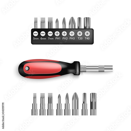 Screwdriver set with accessory is a tool, with rubber black and red handles. Manual for driving or removing screws, isolated on white background. screwdriver bits in plastic holder