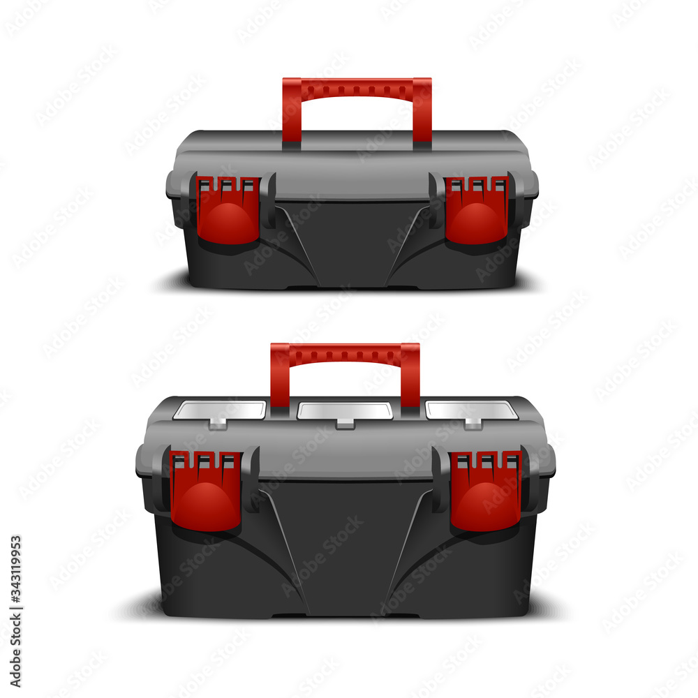 two plastic black tool box, red handle and lock on a white background. Toolkit for builder or industrial store. Realistic box for tools
two plastic black tool box, red handle and lock on a white background. Toolkit for builder or industrial store. Realistic box for tools