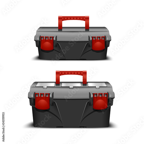 two plastic black tool box, red handle and lock on a white background. Toolkit for builder or industrial store. Realistic box for tools
