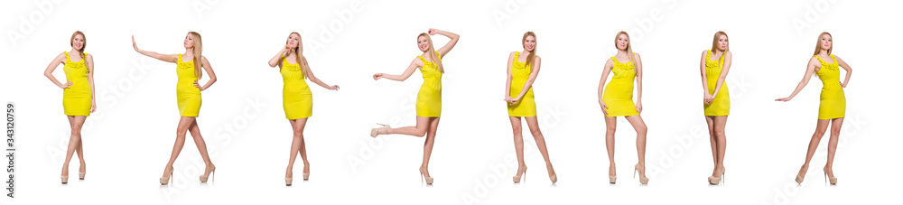 Pretty tall woman in short yellow dress isolated on white Pretty tall woman in short yellow dress isolated on white