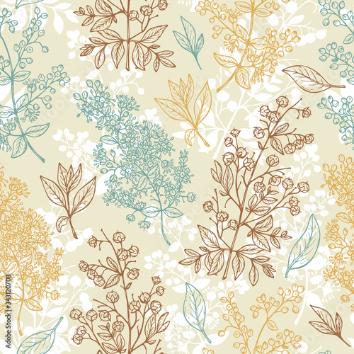 Medicinal plants Vector Seamless pattern. Henna (Lawsonia inermis) plant: Branches, Flower buds, Flowers, Seeds, Fresh Leaves. Alternative medicine Floral background
