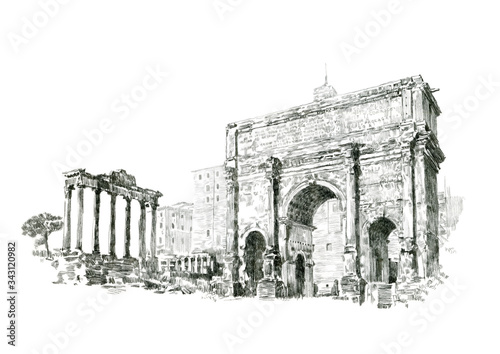 The arch of Septimius Severus, sometimes incorrectly written as Septimus Severus, is located inside the Roman forum with the ruins of the temple of Saturn and the Tabularium on the Capitol hill, Rome.