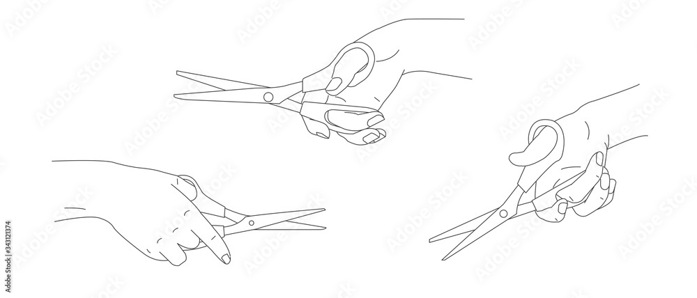 Line Illustration of hand with scissors in use for styling, grooming hair salon design or cut the opening ribbon gesture. Vector realistic line element isolated on white background.