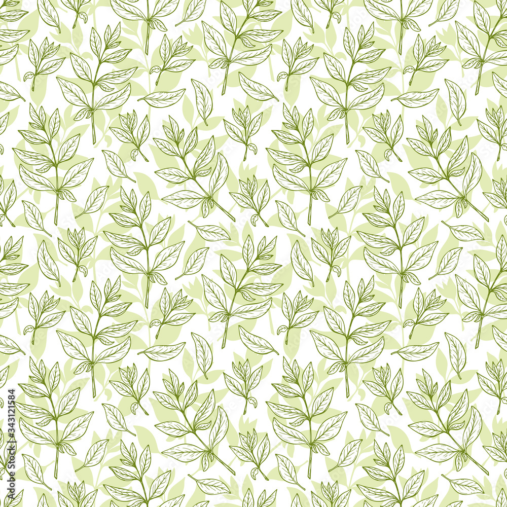 Hand drawn engraving style Green tea leaves Seamless pattern. Vector illustration
