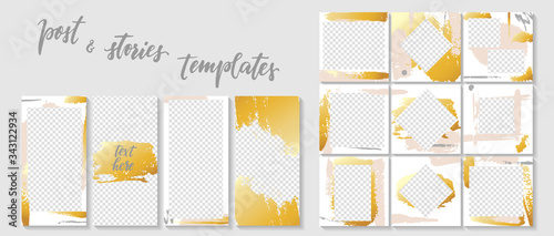 Trendy template for social networks stories and posts golden brush stroke vector illustration. Design backgrounds for social media. Mockup for personal blog or shop