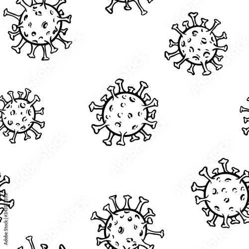 Hand drawn black and white doodle sketch seamless bacterium and virus pattern. Vector illustration