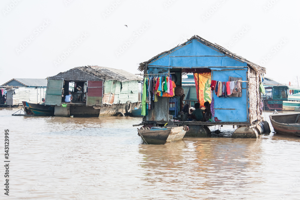 Floating Village on TonleSap Lake in Cambodia.  Houses on the water