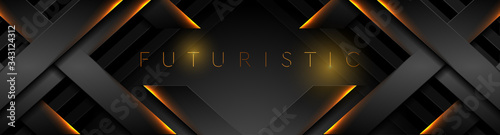 Futuristic black technology background with orange neon lines. Glowing vector banner design