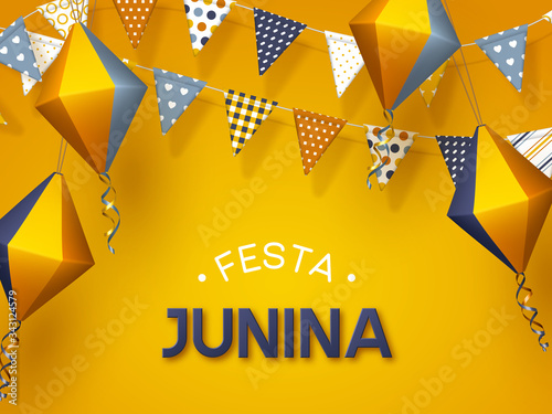 Festa Junina holiday banner. Bunting flags with paper lanterns on yellow background. Festive Brazilian or Latin American greeting vector illustration.