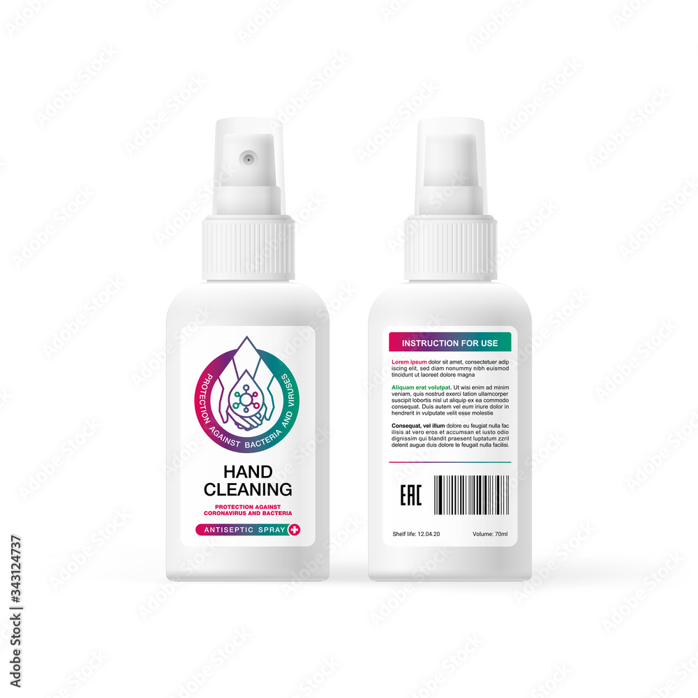 Antiseptic spray label design, concept of a drop on the palm inside which is a coronavirus bacterium. Medical label design for virus protection COVID-19 Antiseptic spray label design, concept of a drop on the palm inside which is a coronavirus bacterium. Medical label design for virus protection COVID-19