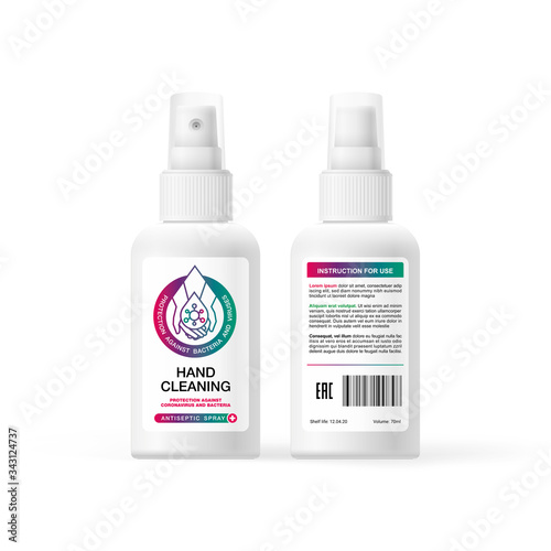 Antiseptic spray label design, concept of a drop on the palm inside which is a coronavirus bacterium. Medical label design for virus protection COVID-19