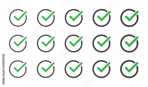 Green check mark icon set isolated vector elements. Tick approved symbol.