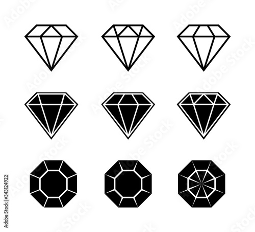 Diamond brilliant. Vector icon collection. Vector black diamonds collection. Linear outline sign. Diamond shapes gemstone.