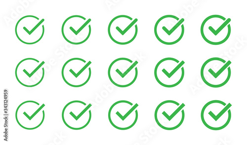 Green check mark icon set isolated vector elements. Tick approved symbol.
