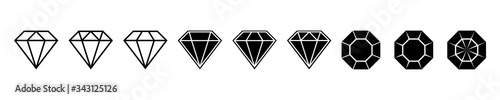 Diamond brilliant. Vector icon collection. Vector black diamonds collection. Linear outline sign. Diamond shapes gemstone.