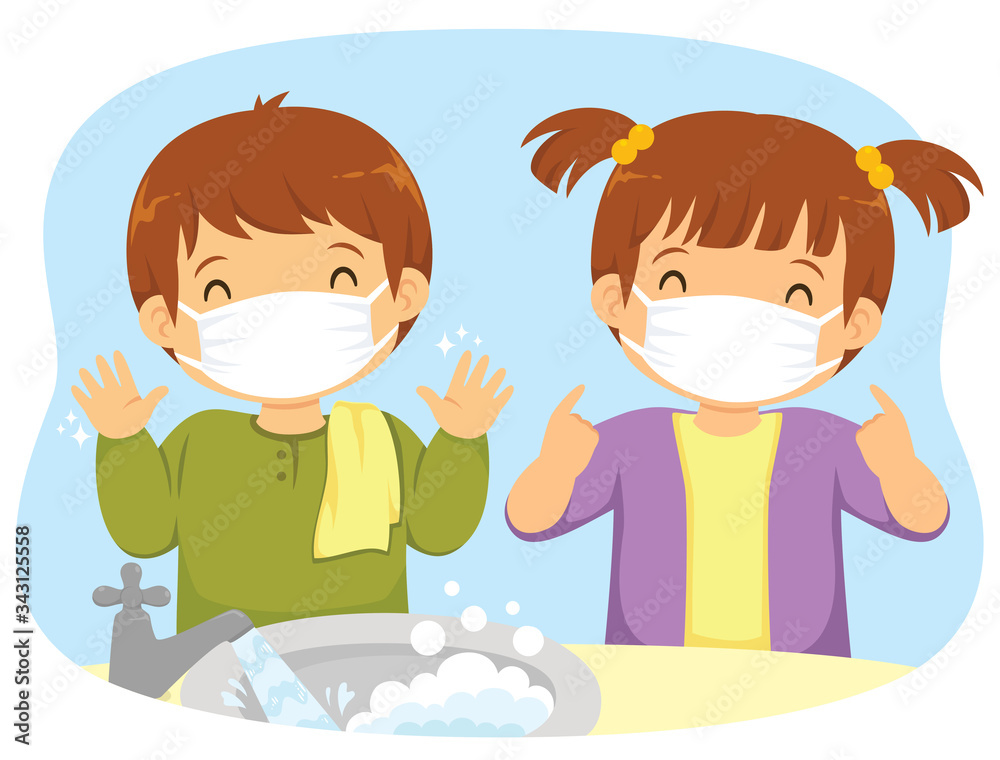 Kids wearing medical masks and washing their hands as protection measures against Covid-19 coronavirus infection. Kids wearing medical masks and washing their hands as protection measures against Covid-19 coronavirus infection.