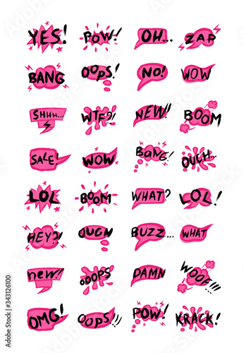 Vector collection of phrases, and comic words on a pink speech bubble for sales, chats, and expressive messages. Set with black lettering on colorful backdrops.
