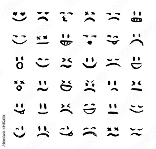 Set of vector emoticons, smiley, kaomoji, and mood expressions. Modern grunge, textured emoji looks like graffiti for any projects, prints, and web interfaces. Excellent templates for your design.