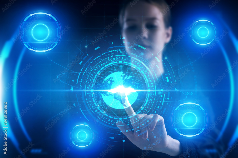Business, Technology, Internet and network concept. Young businessman working on a virtual screen of the future and sees the inscription: Business, Technology, Internet and network concept. Young businessman working on a virtual screen of the future and sees the inscription: