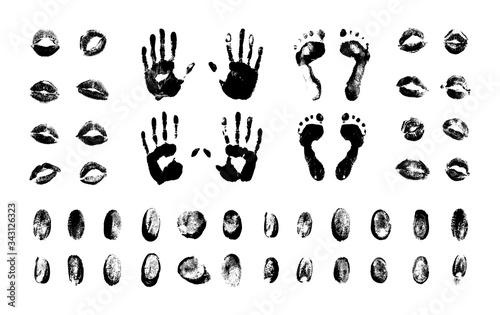 Vector set of textured, and grunge fingerprints, handprints, lip prints and footprints for your design. Collection of black templates on white background for illustrations about cybersecurity.