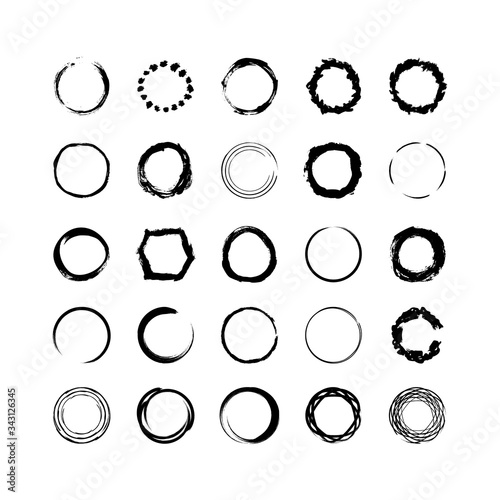 Collection of textured round frames isolated on white background. Set of black templates with splashes and spray in form circle and o-shaped, and elliptical in a dirty and freehand style.
