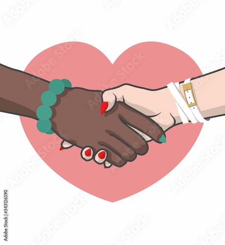 Same-sex marriage. Civil partnership. Handshake on the background of a pink heart symbolizes the union of lesbians