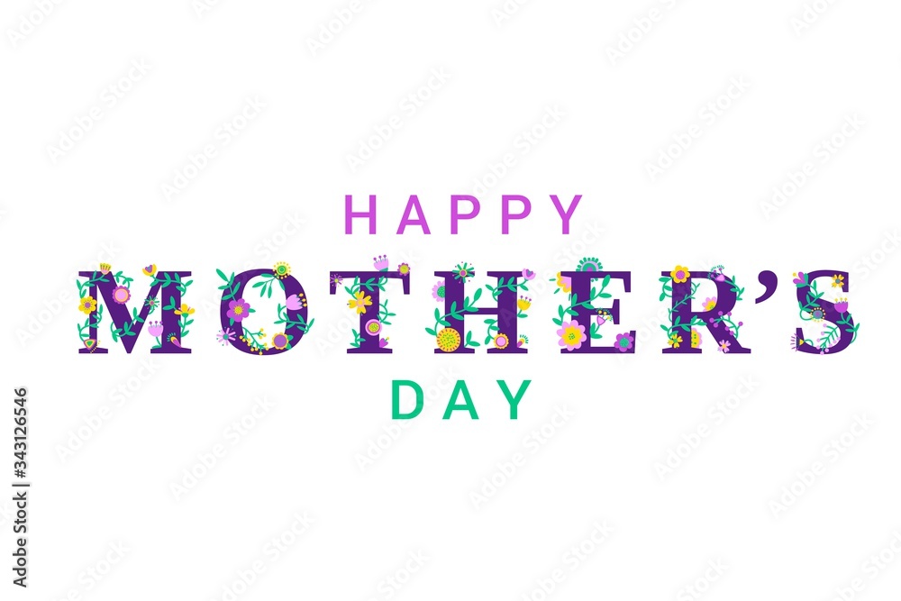 Happy Mothers day card with greeting text and floral design elements. Cartoon style with blooming flowers, leaves and berries on white background. Vector